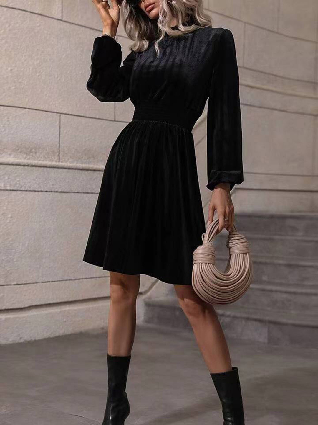 

all about you Self Design High Neck Bishop Sleeves Fit & Flare Dress, Black