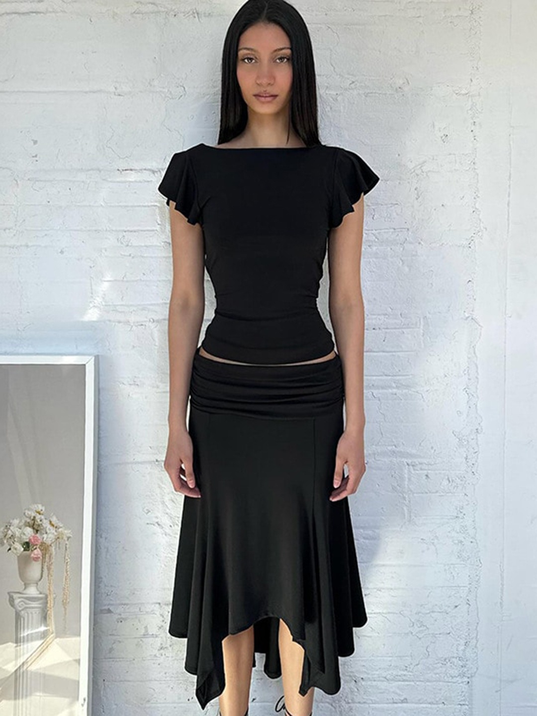 

all about you Boat Neck Top And Skirt, Black