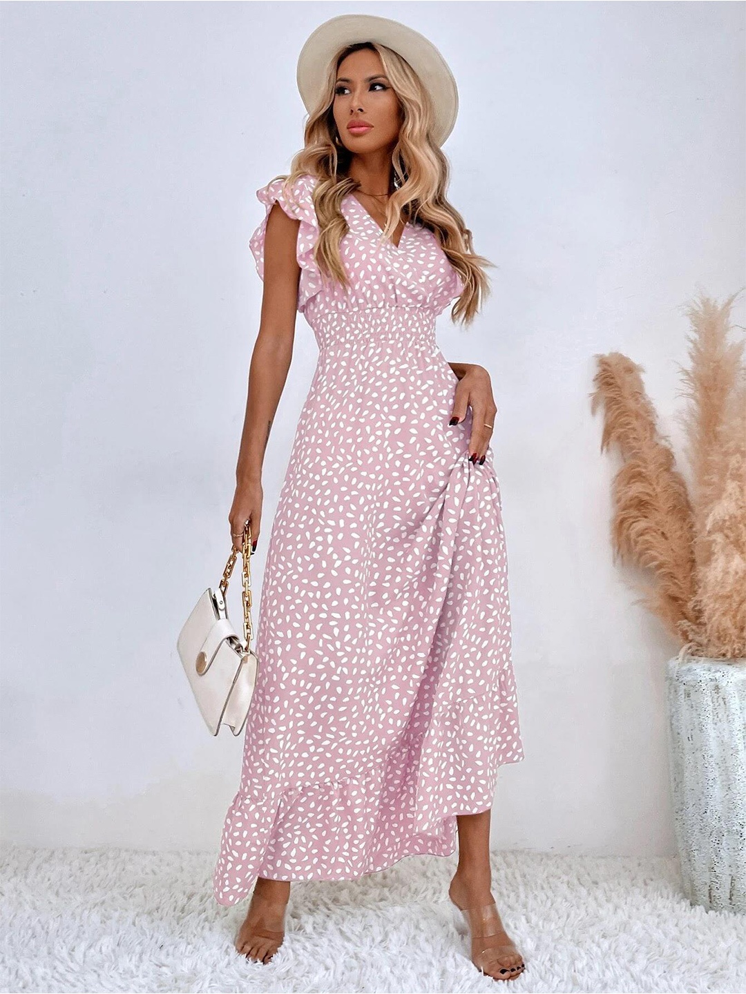 

Mast & Harbour Polka Dot Printed Flutter Sleeve Fit & Flare Midi Dress, White