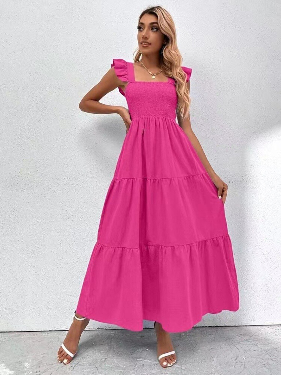 

Mast & Harbour Fuchsia Square Neck Flutter Sleeves Maxi Dress