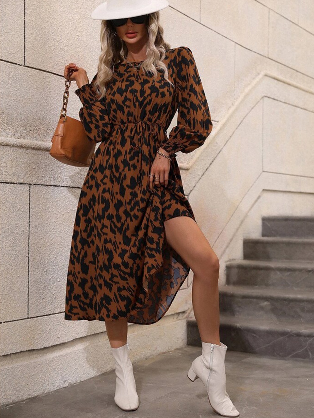 

Mast & Harbour Coffee Brown Animal Printed Puff Sleeve A-Line Midi Dress