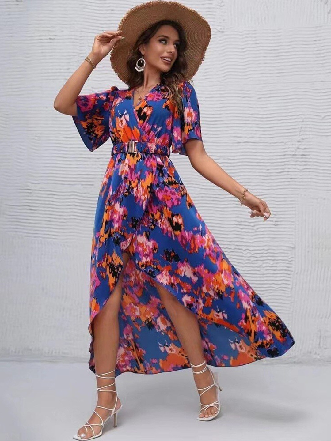 

Mast & Harbour Blue V Neck Floral Printed Maxi Dress