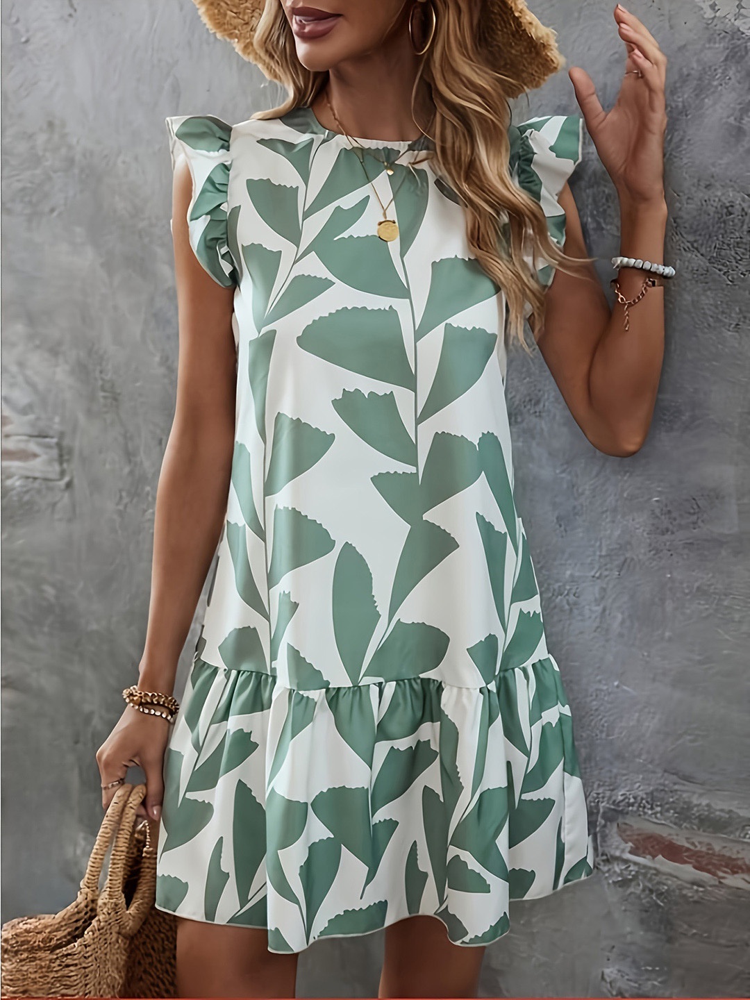 

Mast & Harbour Round Neck Flutter Sleeves Tropical Print A-Line Dress, Green