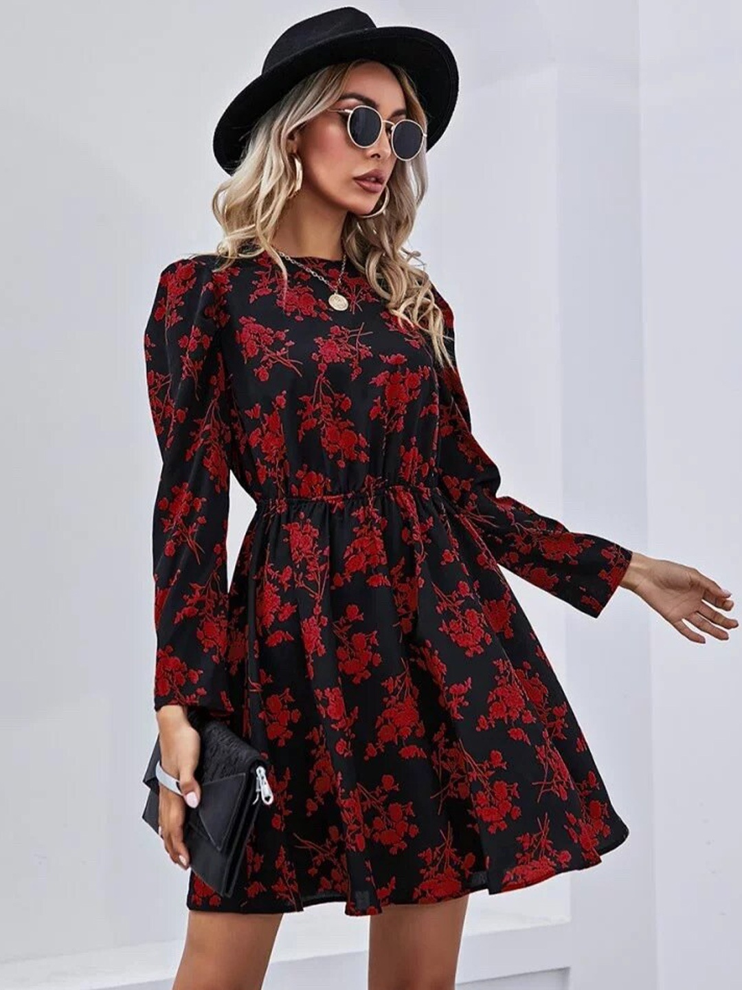 

Mast & Harbour Black & Red Floral Printed Round Neck Fit & Flare Dress