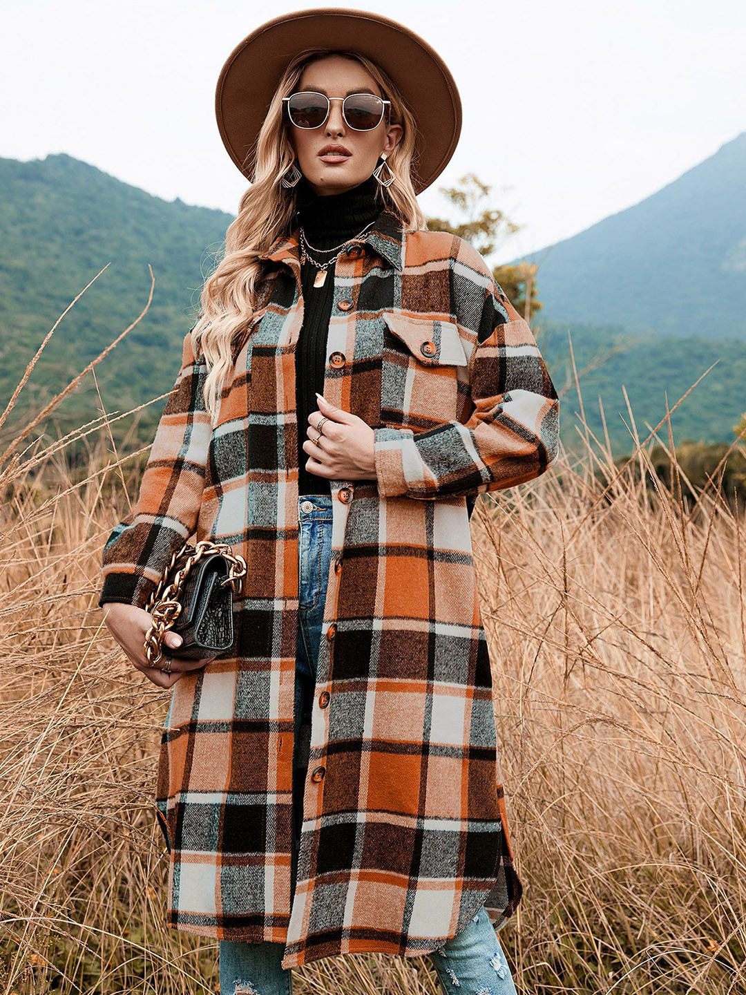 

Mast & Harbour Orange Checked Spread Collar Longline Tailored Jacket