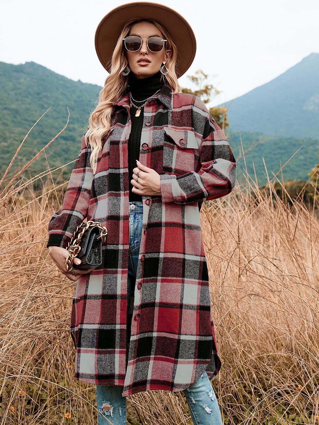 

Mast & Harbour Red Checked Spread Collar Longline Tailored Jacket