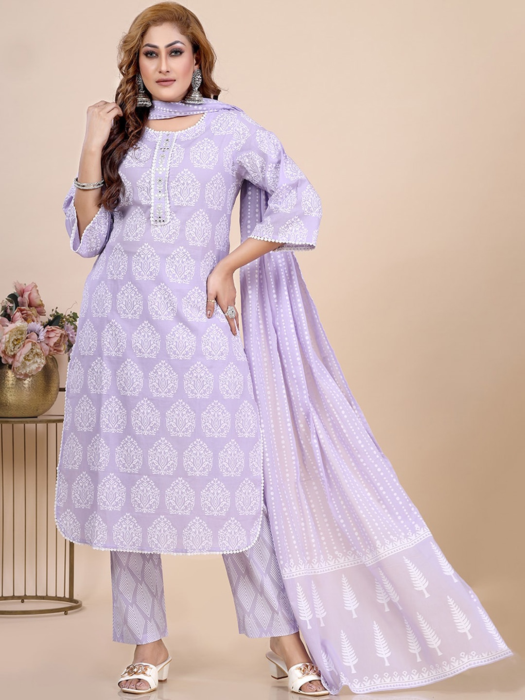 Amchoor Ethnic Motifs Printed Mirror Work Kurta with Trousers & With Dupatta, Lavender