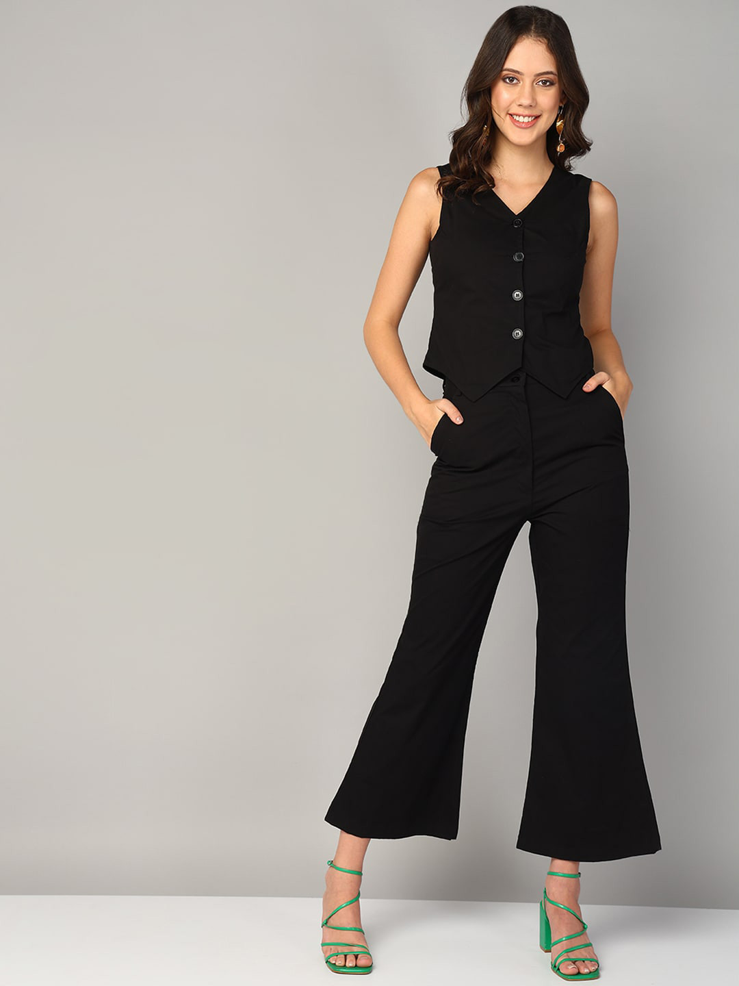 

Mast & Harbour V-Neck Pure Cotton Coat With Trousers, Black