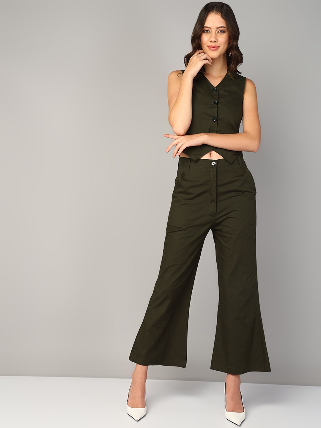 

Mast & Harbour V-Neck Pure Cotton Shirt With Trousers, Olive