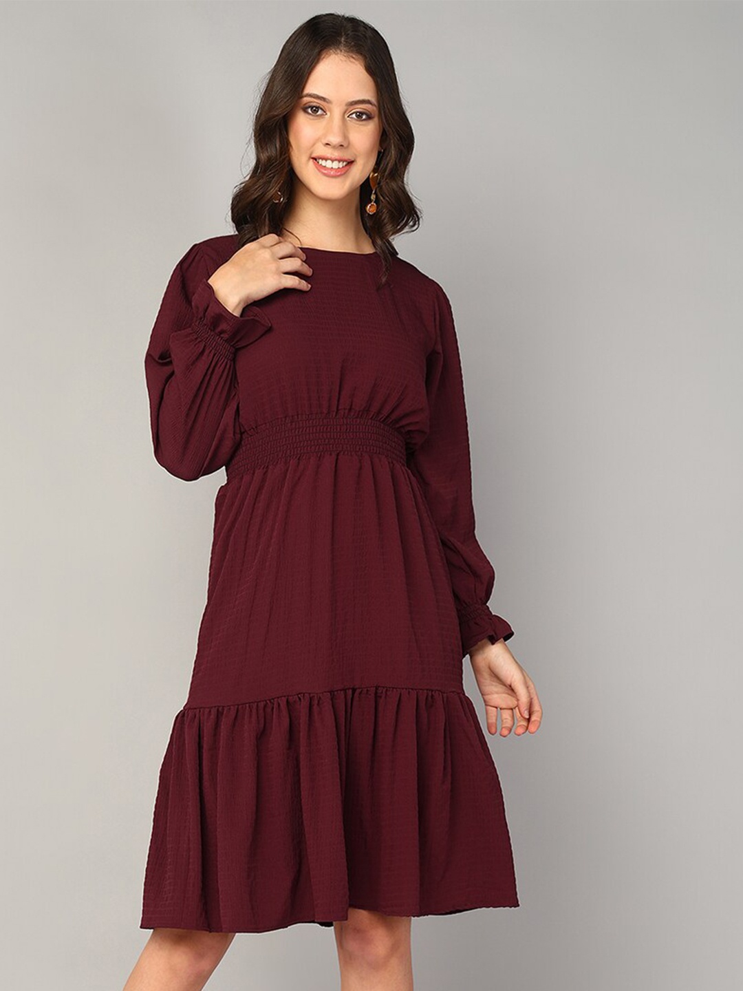 

Mast & Harbour Burgundy Round Neck Jacquard Blouson Dress