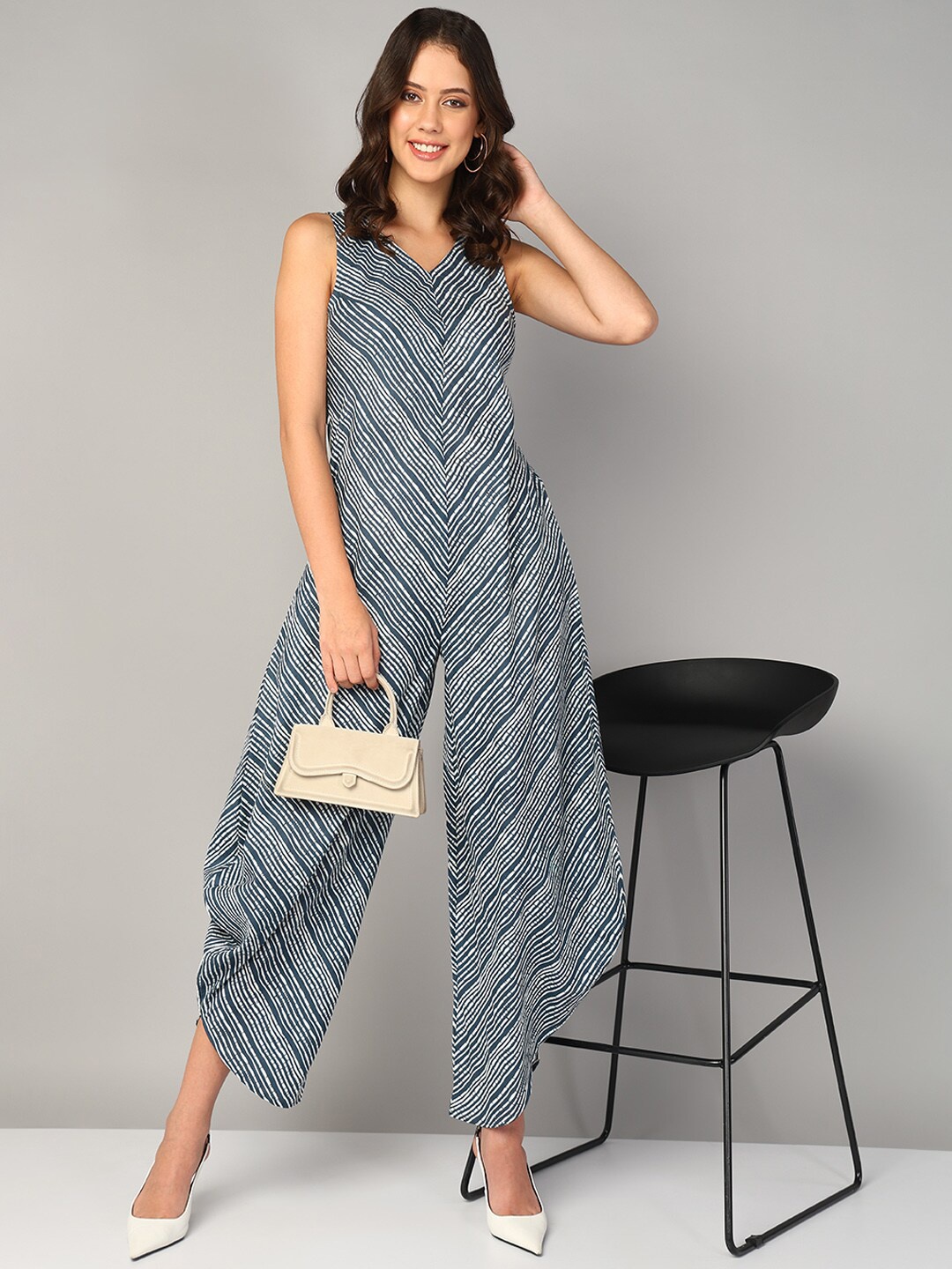 

Mast & Harbour Striped V-Neck Basic Jumpsuit, Blue