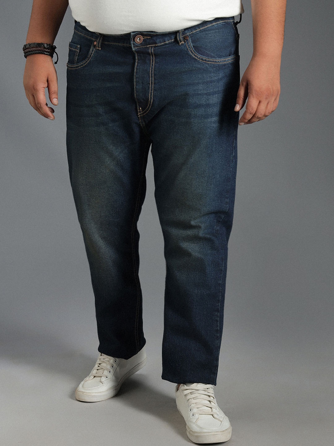 

Freeform by High Star Men Plus Size Tapered Fit Mid-Rise Clean Look Pure Cotton Jeans, Blue