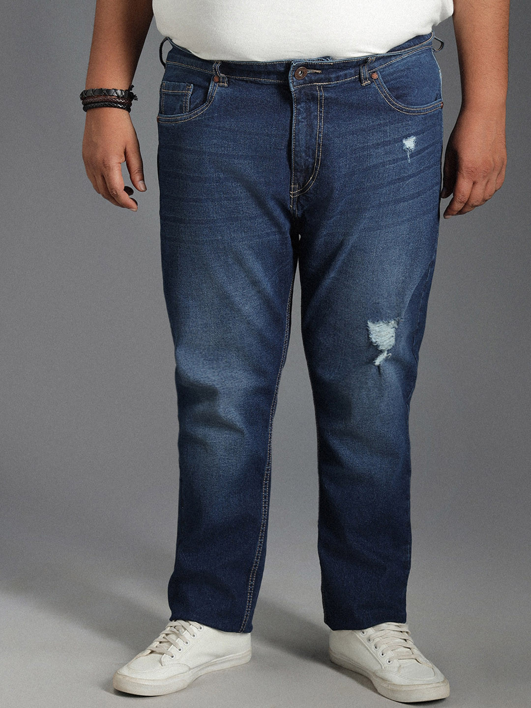 

Freeform by High Star Plus Size Men Tapered Fit Low Distress Light Fade Pure Cotton Jeans, Blue