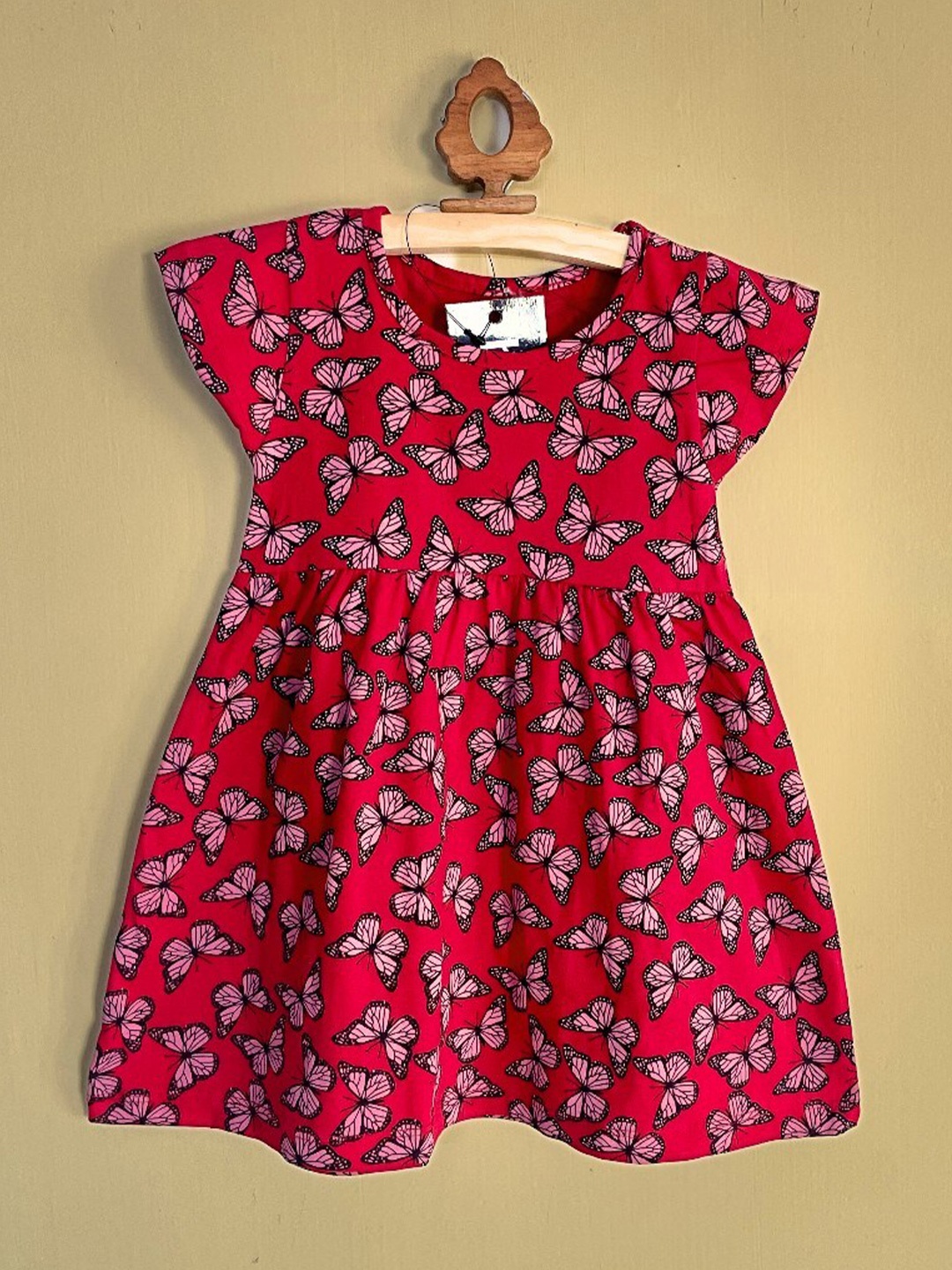

BAESD Girls Butterfly Printed Round Neck Short Cap Sleeves Cotton A-Line Dress, Red