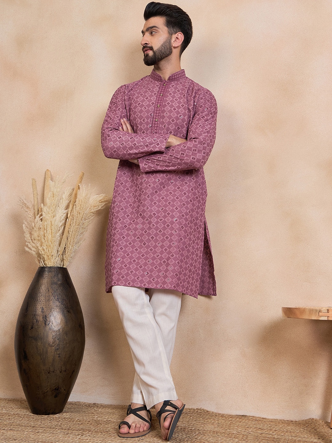 

HERE&NOW Mandarin Collar Sequins Ethnic Motifs Straight Kurta, Mauve