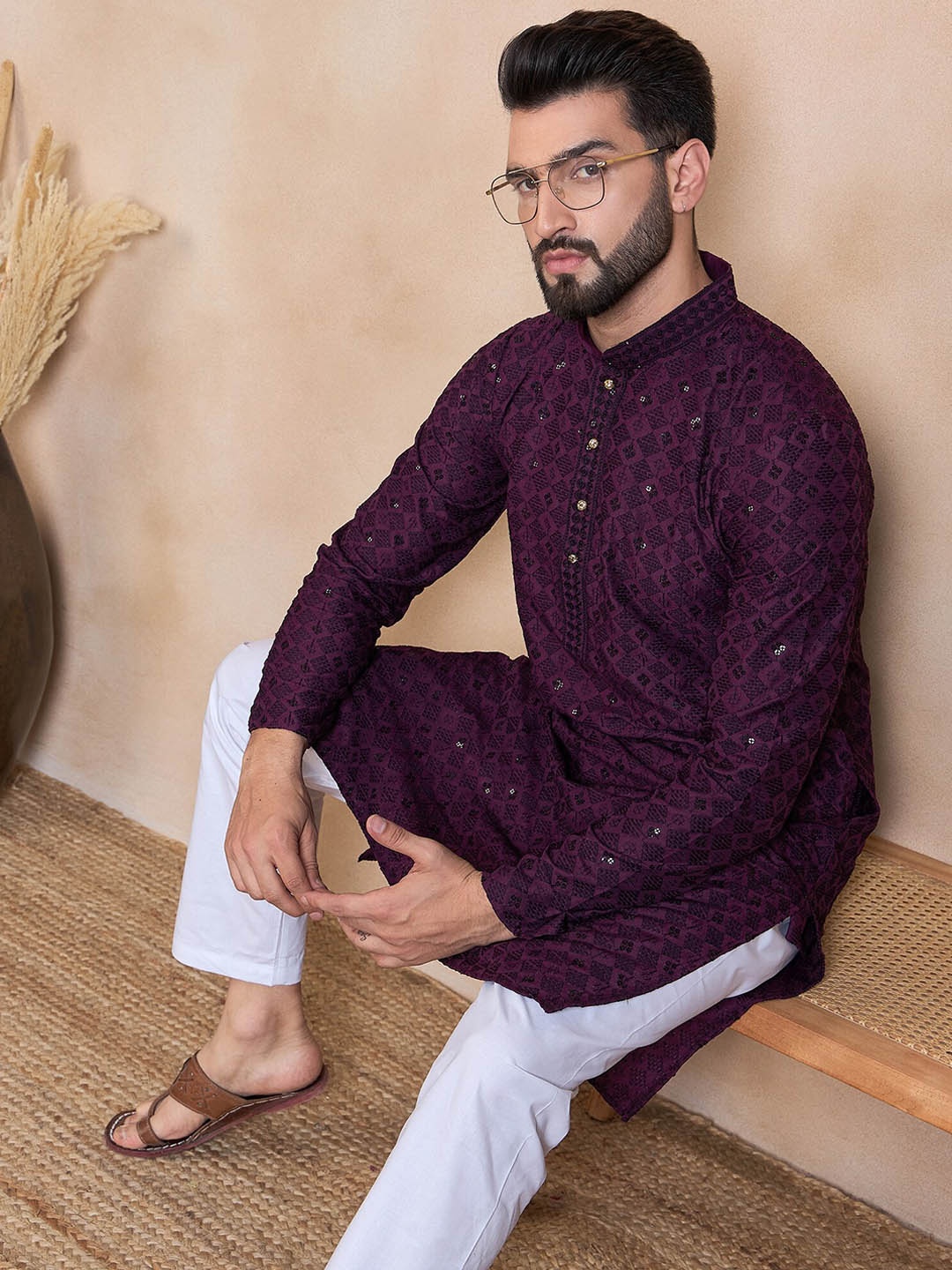 

HERE&NOW Ethnic Motifs Embroidered Chikankari Kurta, Purple