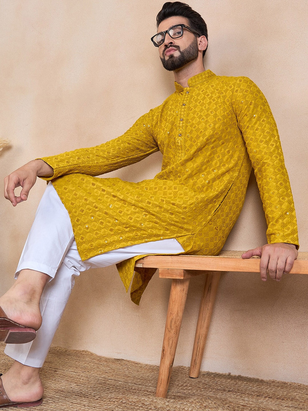 

HERE&NOW Mandarin Collar Embellished Sequins Straight Kurta, Yellow