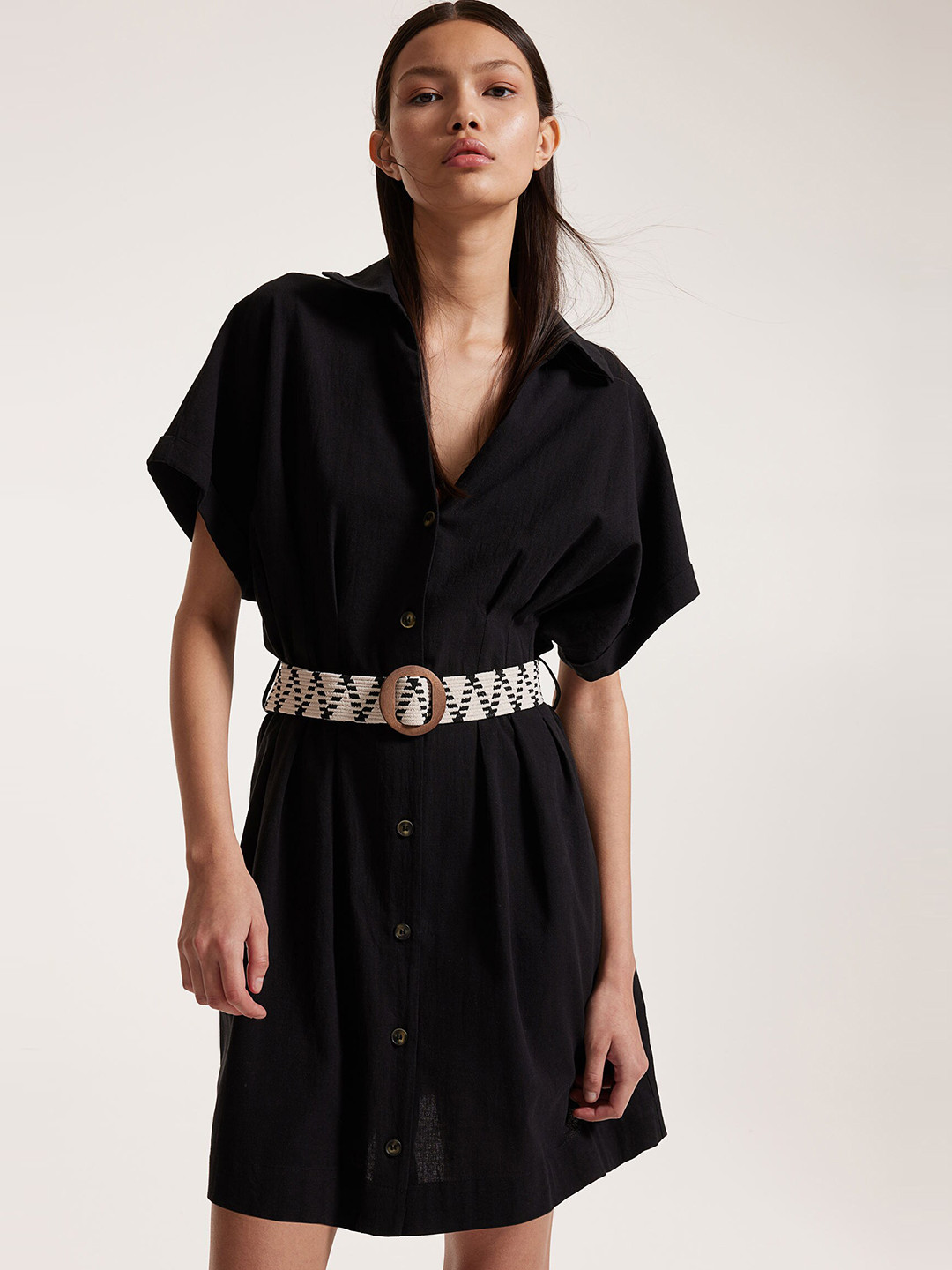 

H&M Cotton & Linen Belted Shirt Dress, Black