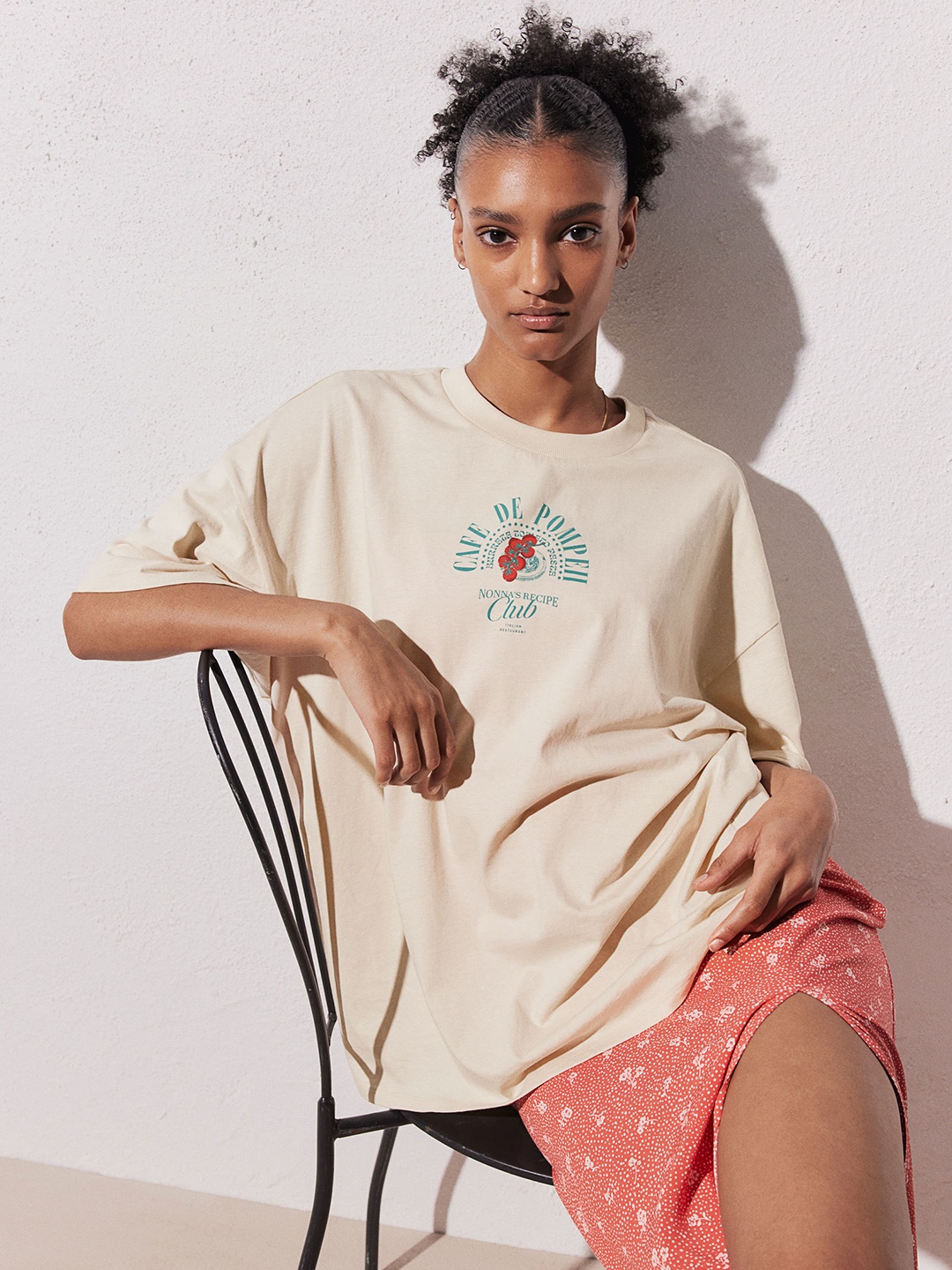 H&M Pure Cotton Oversized Motif-Detail T-shirt, Beige