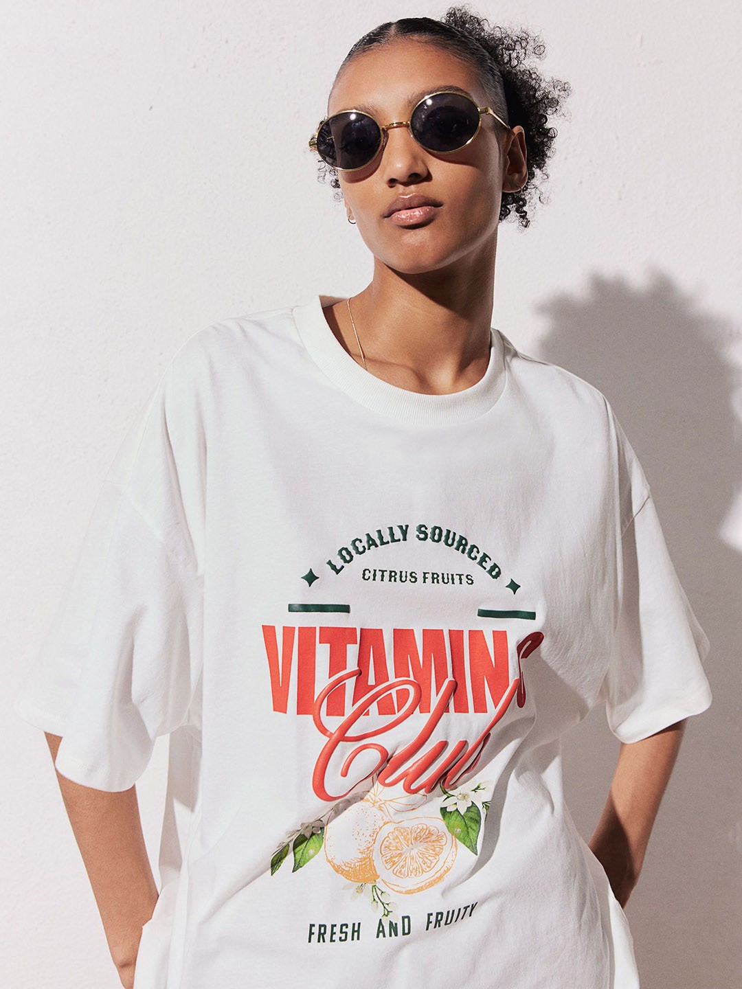 

H&M Pure Cotton Oversized Motif-Detail T-shirt, White