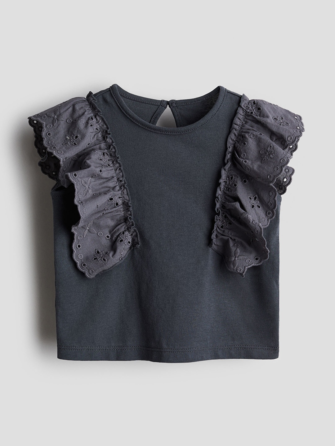 

H&M Girls Frill-Trimmed Cotton Top, Grey
