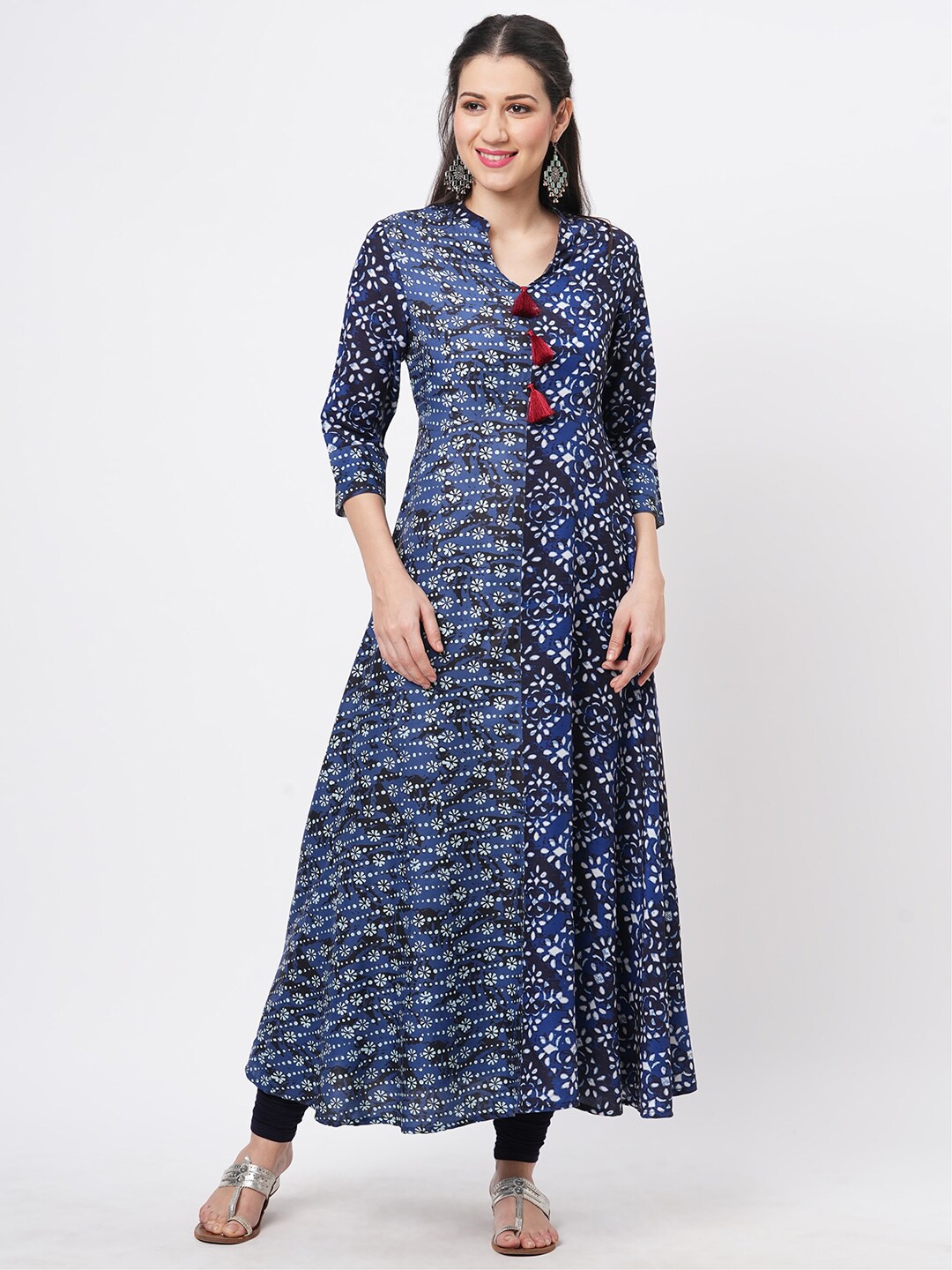 

Hashtag Be Floral Printed Mandarin Collar A-Line Flared Kurta, Blue