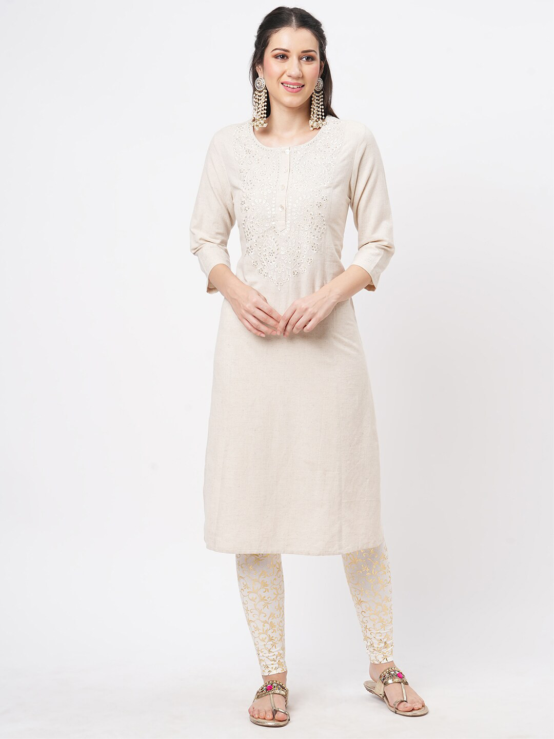 

Hashtag Be Floral Embroidered Embellished Straight Kurta, Beige