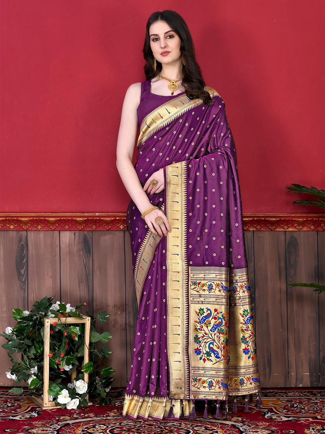 

PATIALAPICKS Ethnic Motifs Woven Design Zari Pure Silk Paithani Saree, Purple