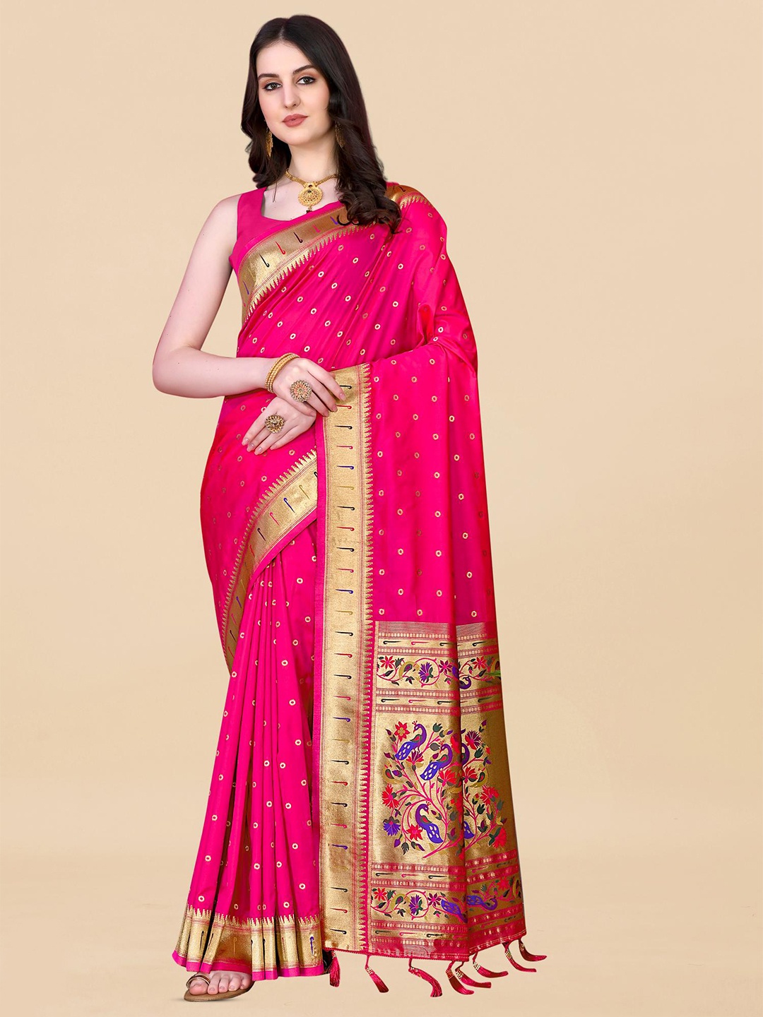 

PATIALAPICKS Woven Design Zari Pure Silk Paithani Saree, Pink