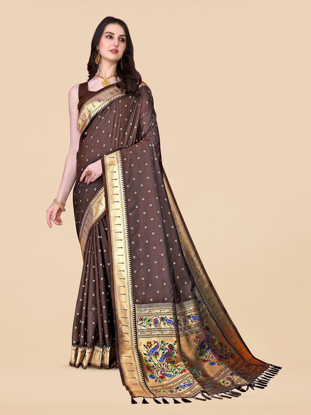 

PATIALAPICKS Woven Design Zari Pure Silk Paithani Saree, Brown