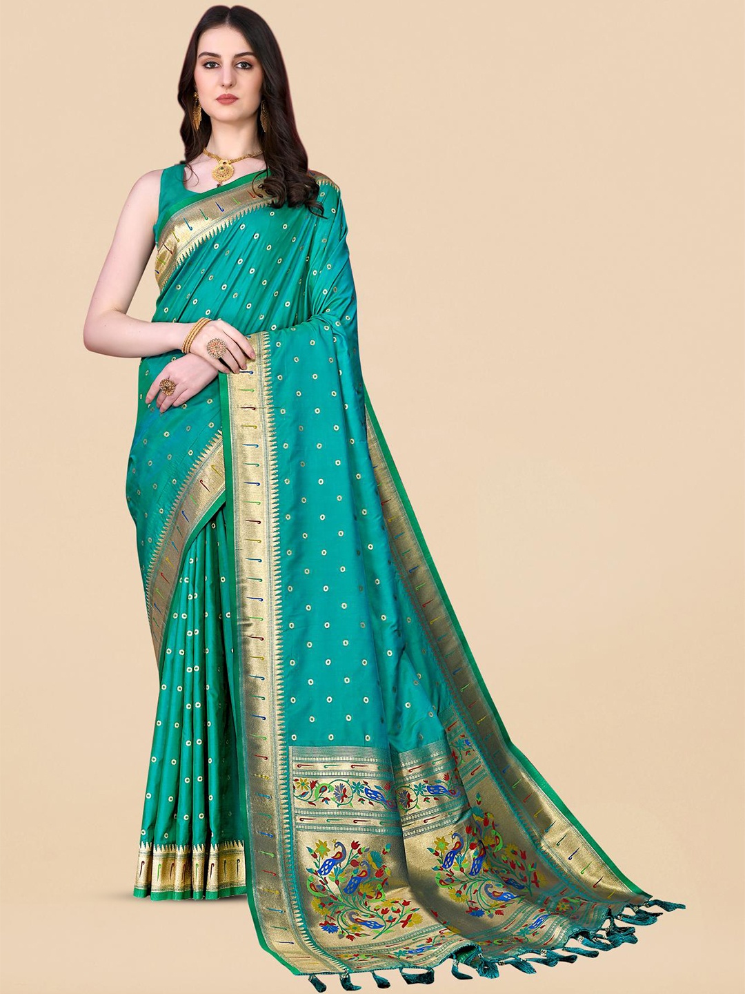 

PATIALAPICKS Geometric Woven Design Zari Pure Silk Paithani Saree, Sea green