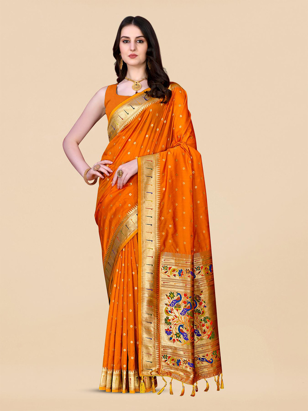 

PATIALAPICKS Woven Design Zari Pure Silk Paithani Saree, Orange