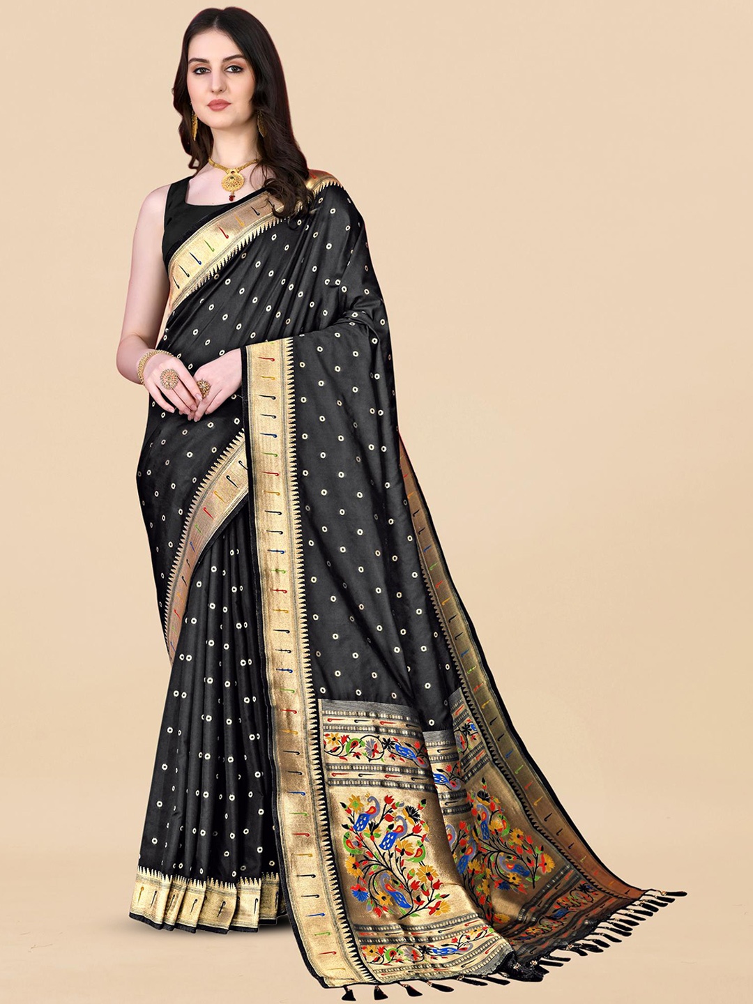 

PATIALAPICKS Geometric Woven Design Zari Pure Silk Paithani Saree, Black