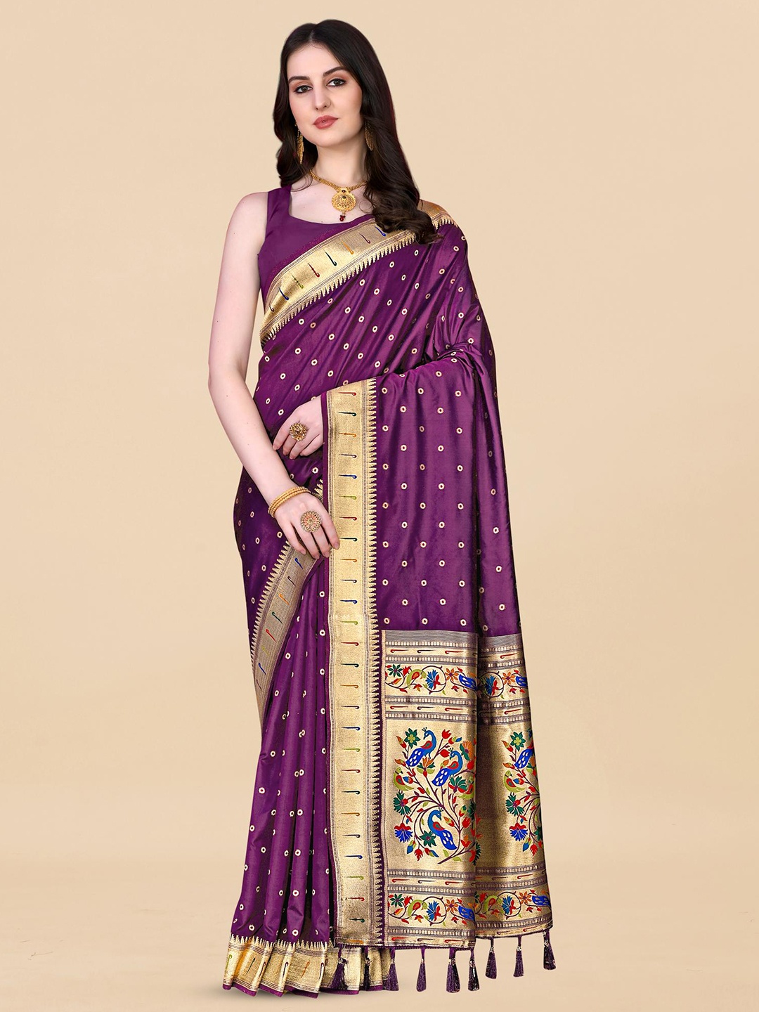 

PATIALAPICKS Woven Design Zari Pure Silk Paithani Saree, Purple