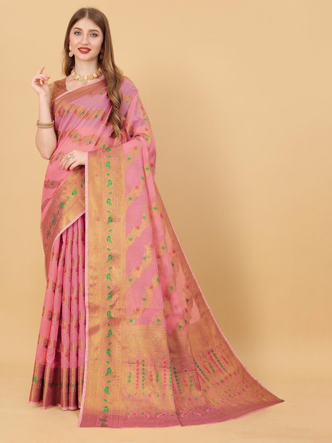 

PATIALAPICKS Ethnic Motifs Zari Pure Cotton Paithani Saree, Pink