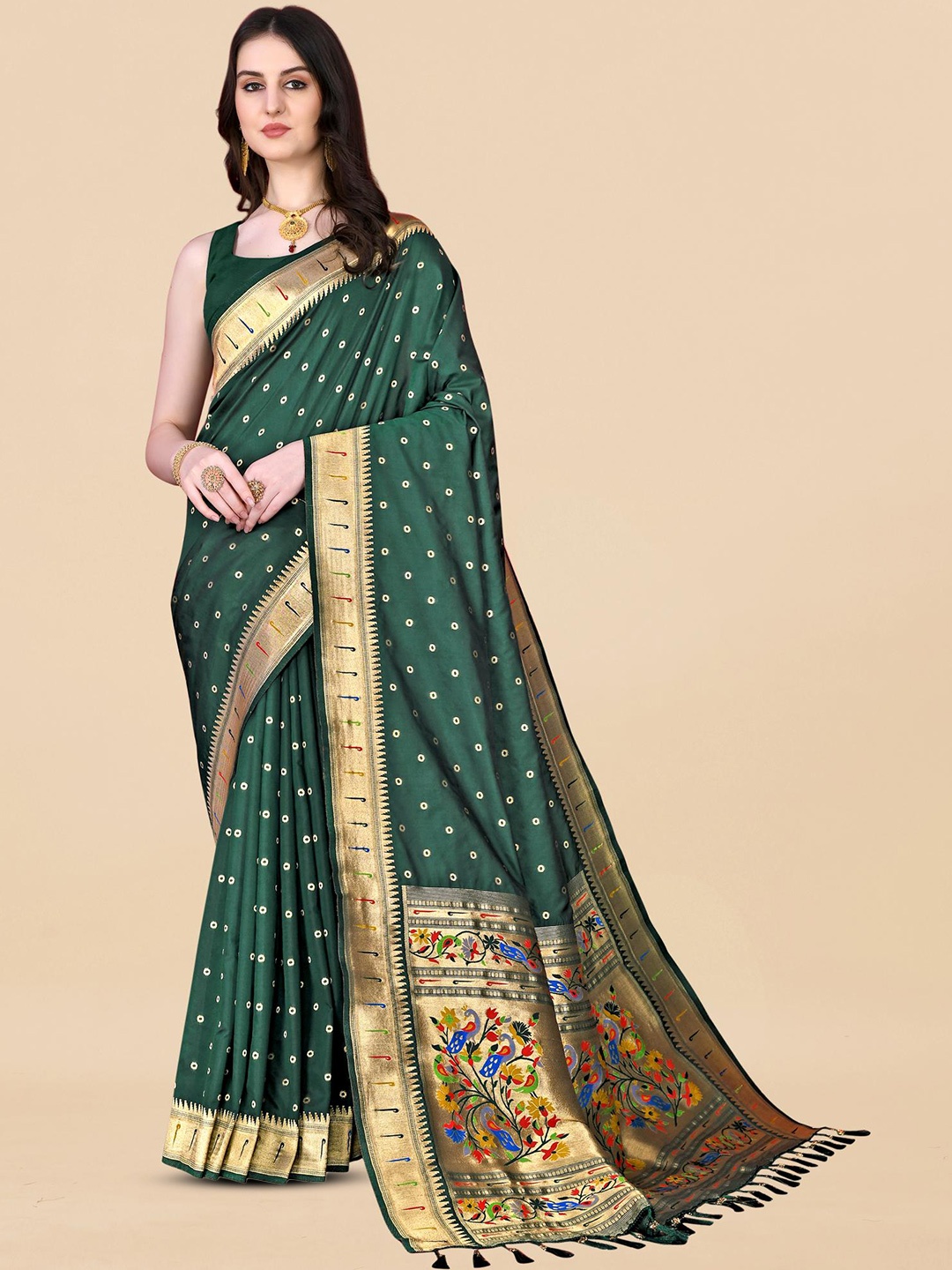 

PATIALAPICKS Ethnic Motifs Woven Design Zari Pure Silk Paithani Saree, Green