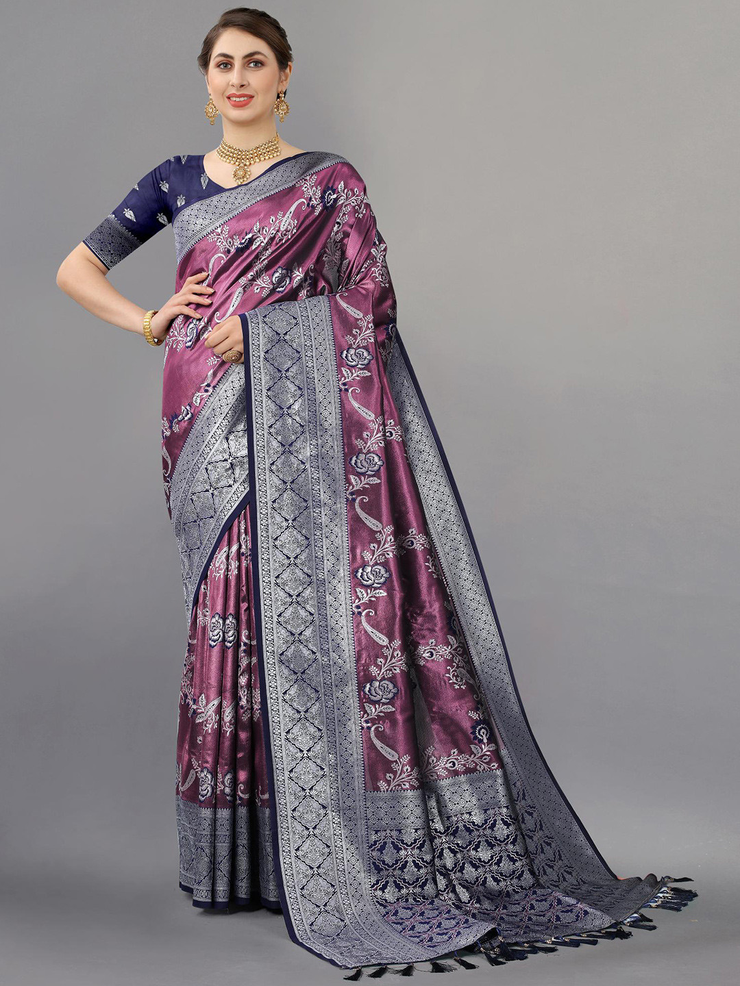 

PATIALAPICKS Floral Woven Design Zari Pure Silk Kanjeevaram Saree, Navy blue