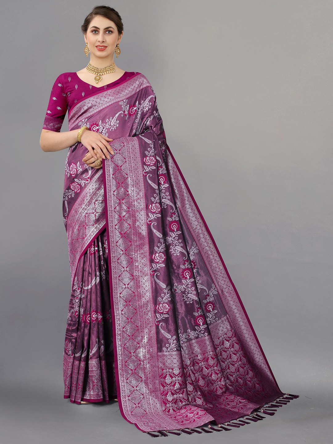 

PATIALAPICKS Woven Design Zari Pure Silk Kanjeevaram Saree, Purple