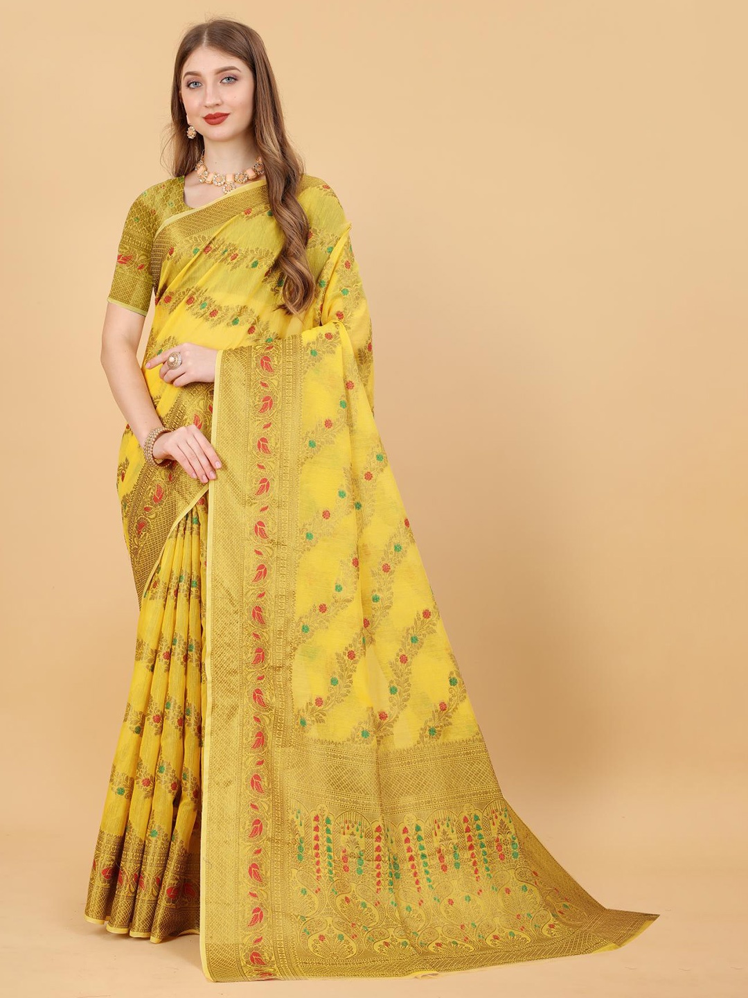 

PATIALAPICKS Floral Woven Design Zari Pure Cotton Paithani Saree, Yellow
