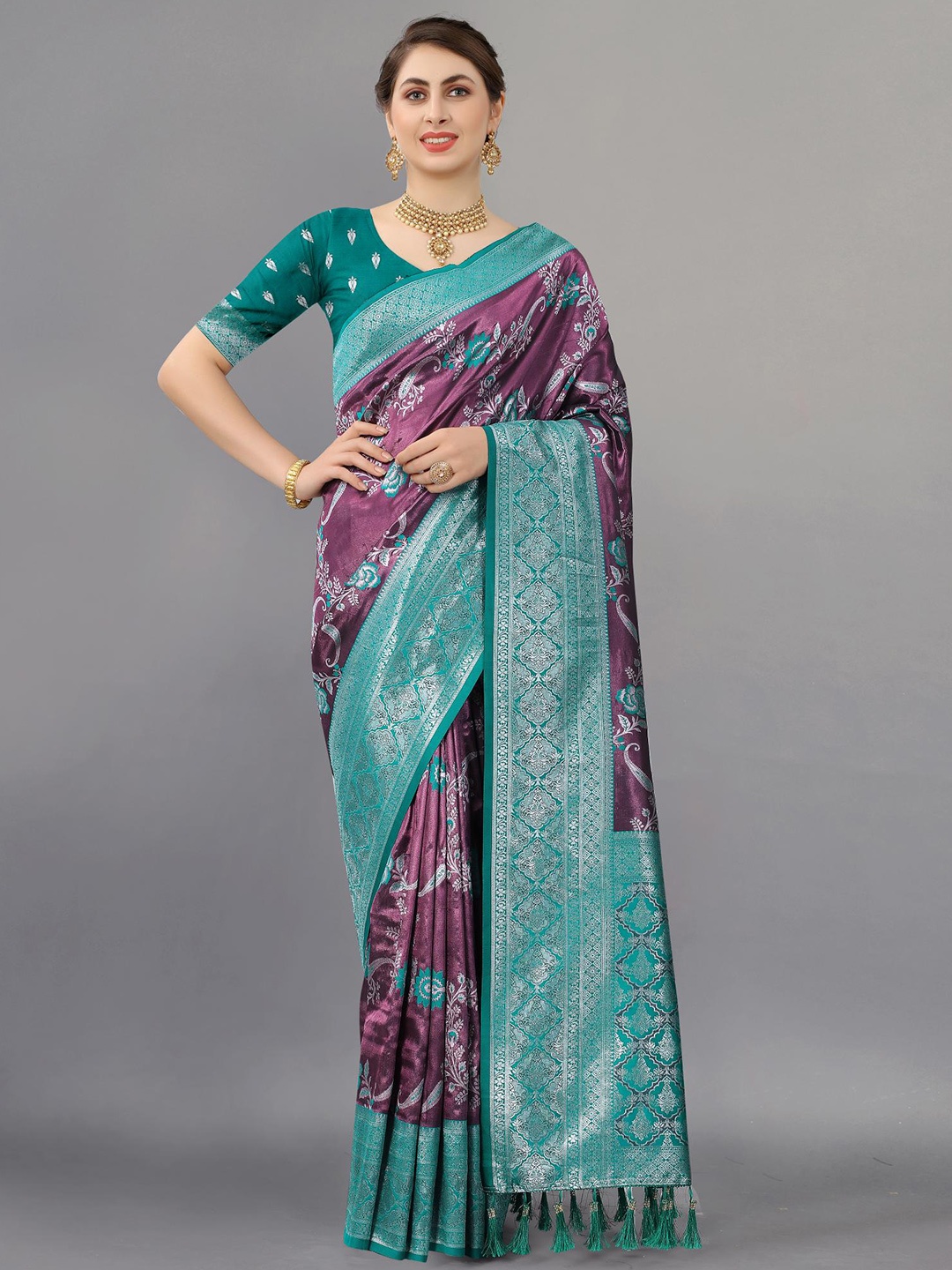 

PATIALAPICKS Floral Woven Design Zari Pure Silk Kanjeevaram Saree, Sea green