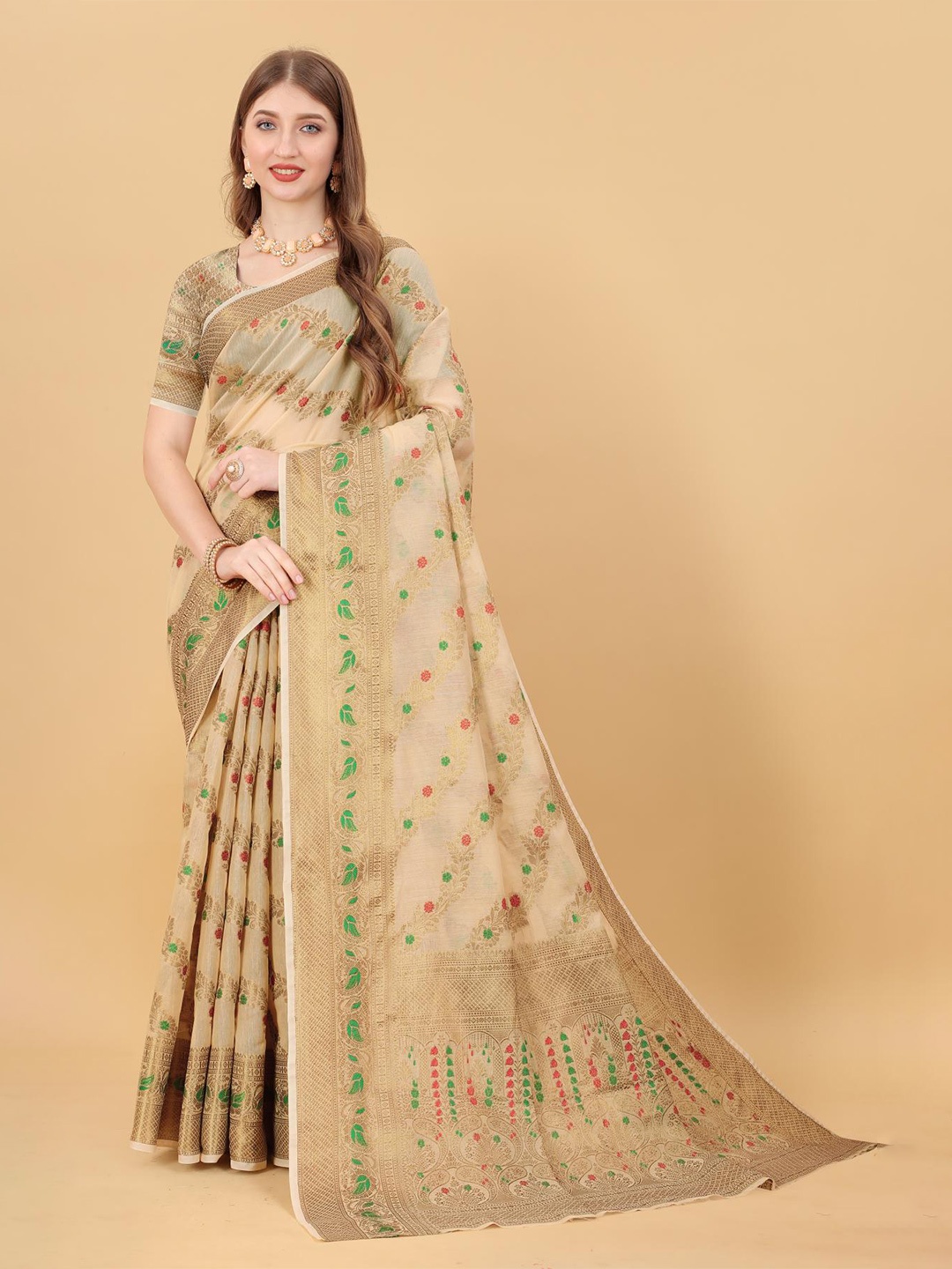 

PATIALAPICKS Woven Design Zari Pure Cotton Paithani Saree, Beige