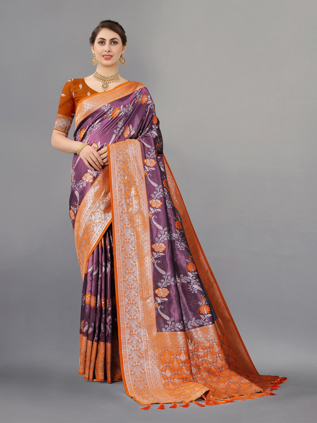 

PATIALAPICKS Floral Woven Design Zari Pure Silk Kanjeevaram Saree, Orange