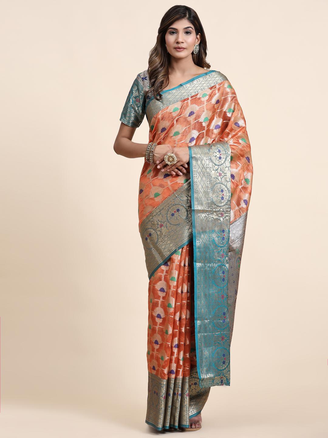 

PATIALAPICKS Floral Woven Design Zari Organza Paithani Saree, Orange