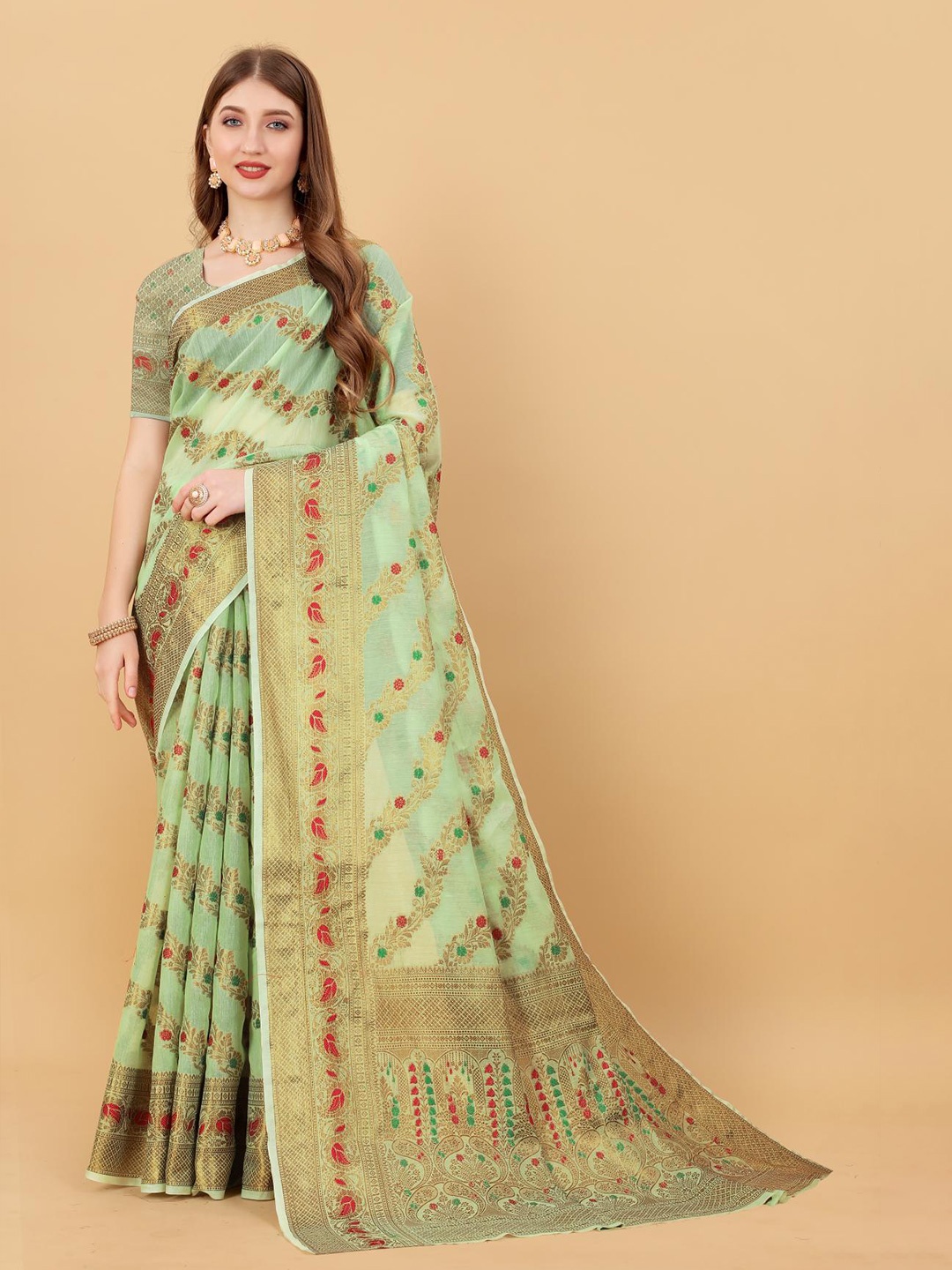 

PATIALAPICKS Floral Woven Design Zari Pure Cotton Paithani Saree, Green