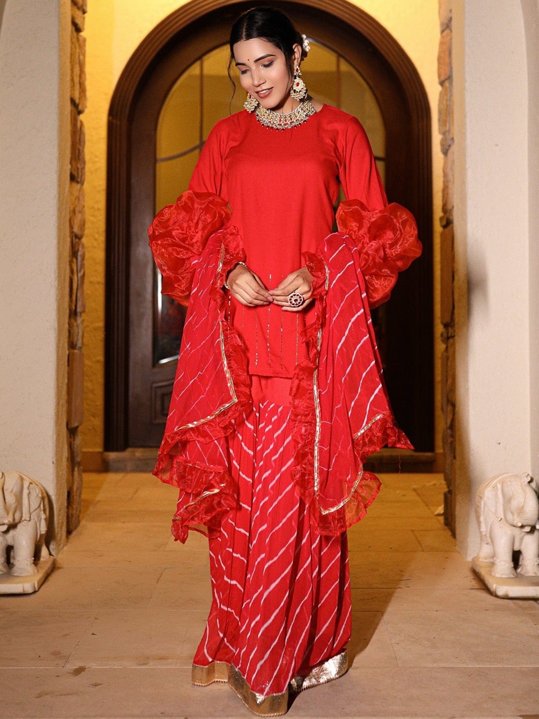 

Chandbaali Round Neck Long Sleeves Kurti with Sharara & With Dupatta, Red