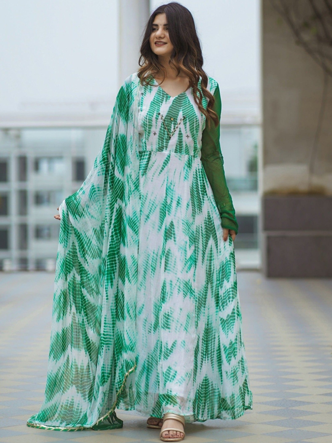 

Chandbaali Floral Printed Anarkali Kurta with Trousers & Dupatta, Green