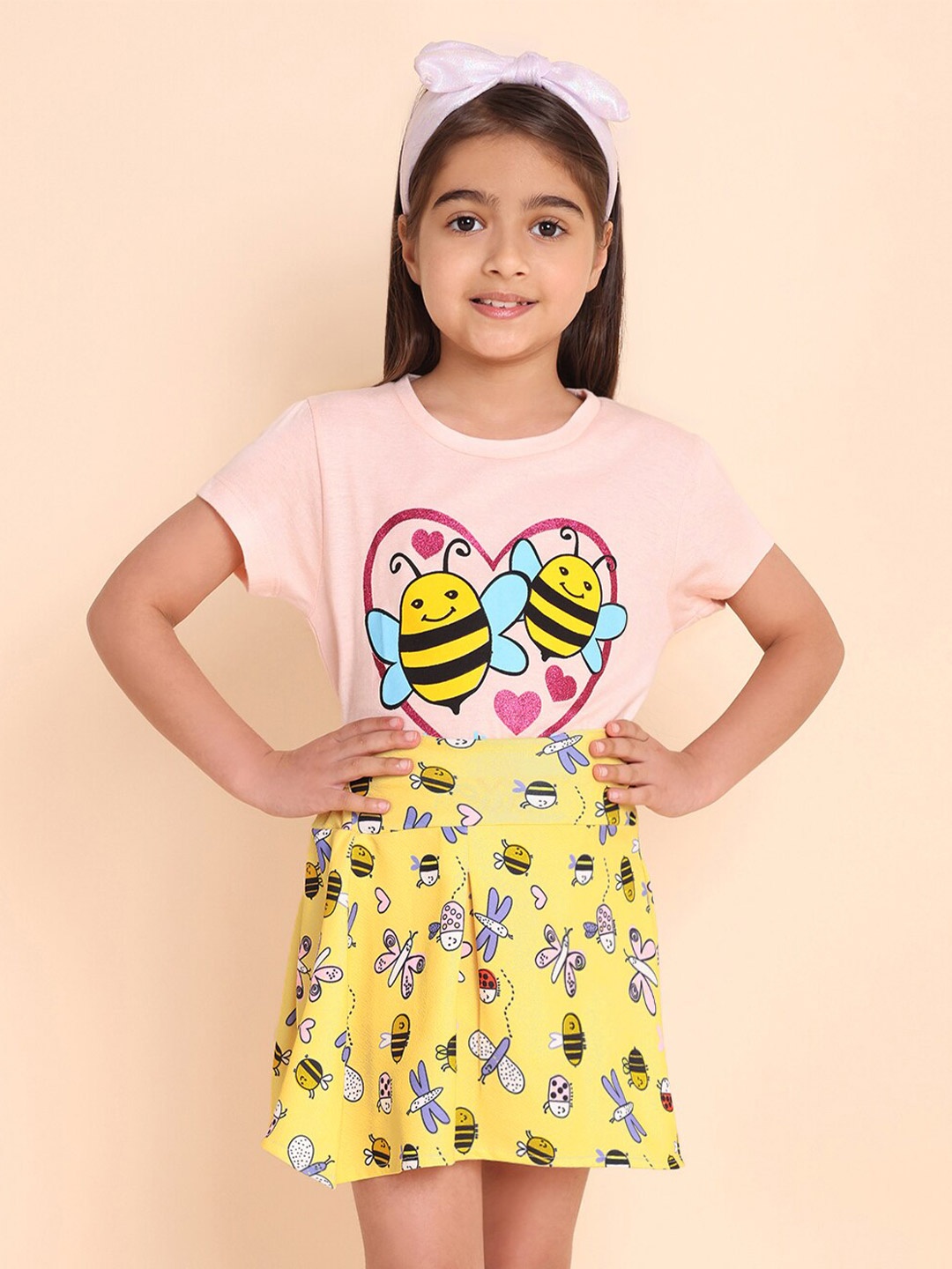 

YK Girls Printed Top With Skirt, Pink