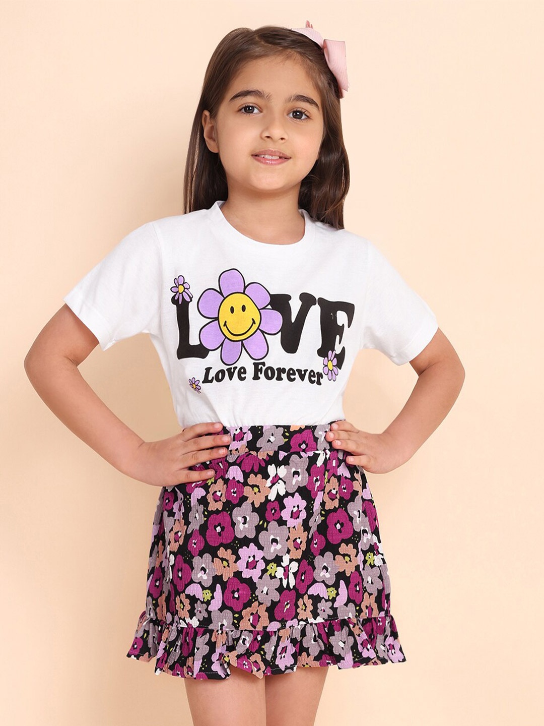 

YK Girls Printed Top With Skirt, White