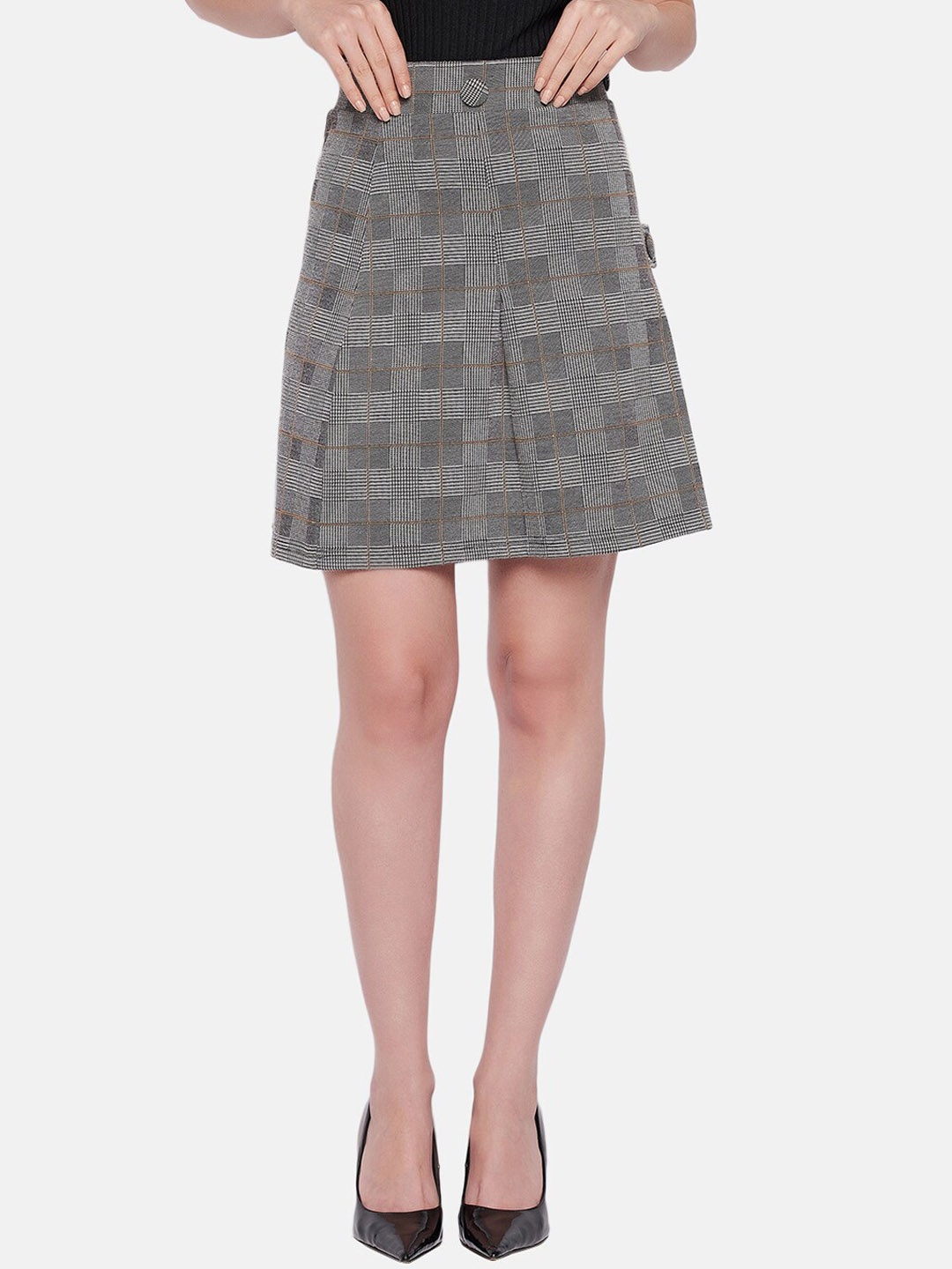 

HANG N HOLD Women Checked Cotton A-Line Mini Skirts, Grey