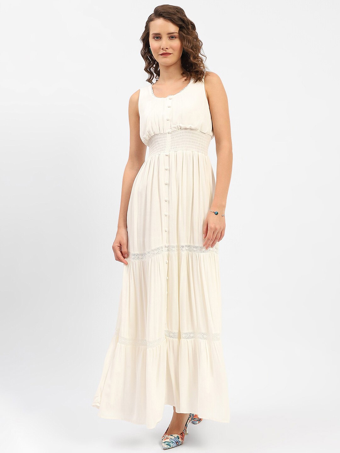 

Madame Sleeveless Round Neck Smocked Maxi Dress, White